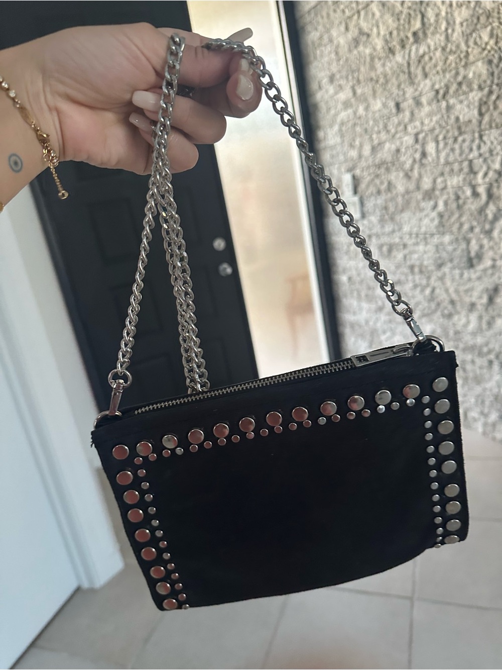 Zara Black Studded Crossbody Bag with Silver Chain